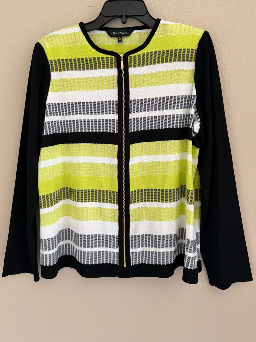 Ming Wang Size Large Zip Front Cardigan Jacket Black Yellow White EUC